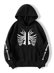 SHEIN Unity Áo hoodie ấm áp In Bộ xương Dây kéo - màu đen - Xem 1