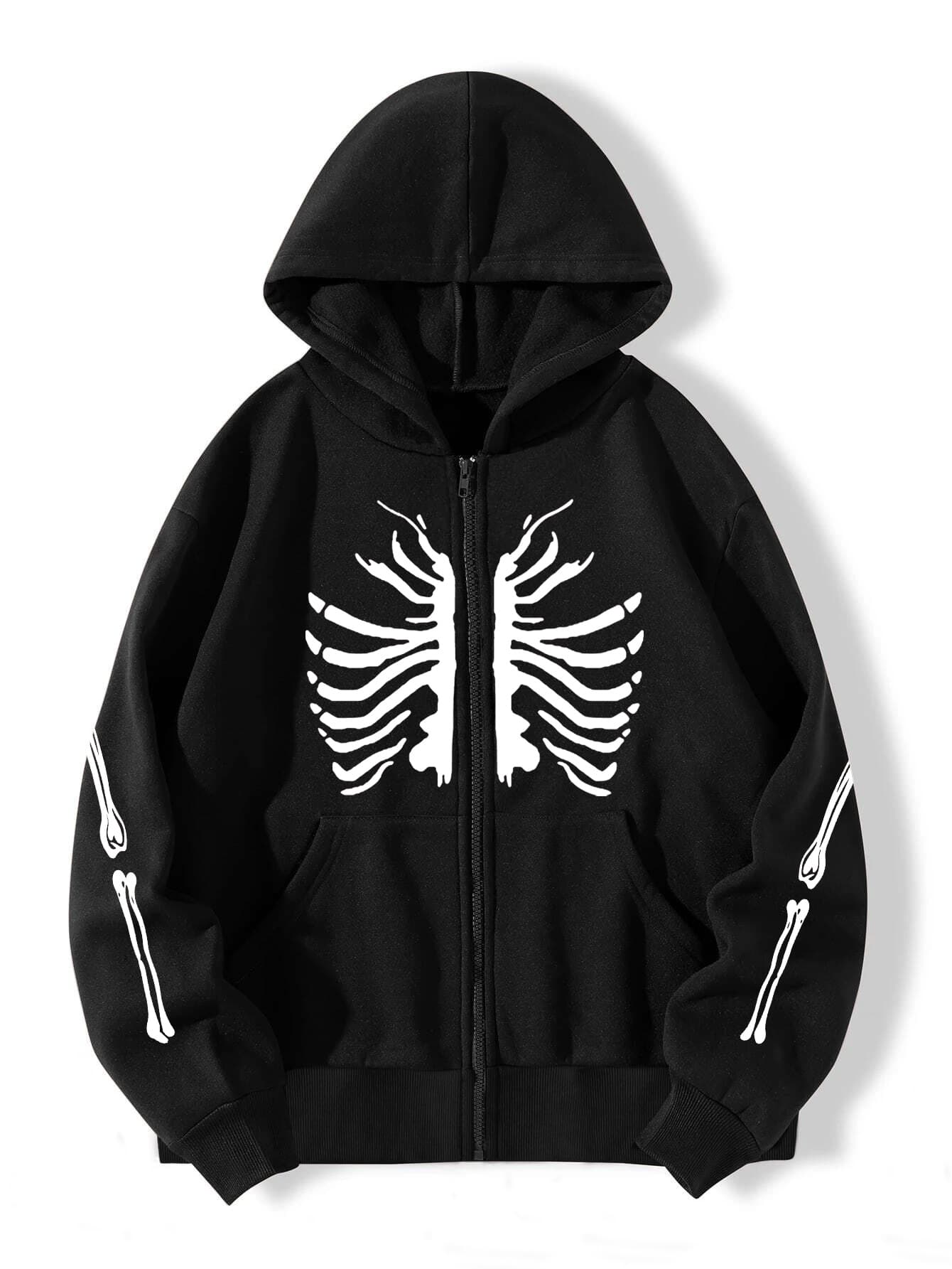 SHEIN Unity Áo hoodie ấm áp In Bộ xương Dây kéo - màu đen - Xem 1