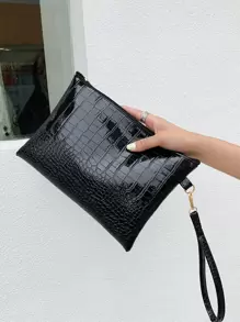 Minimalist Crocodile Embossed Clutch Bag, Animal Print Women Bag - Black - View 1