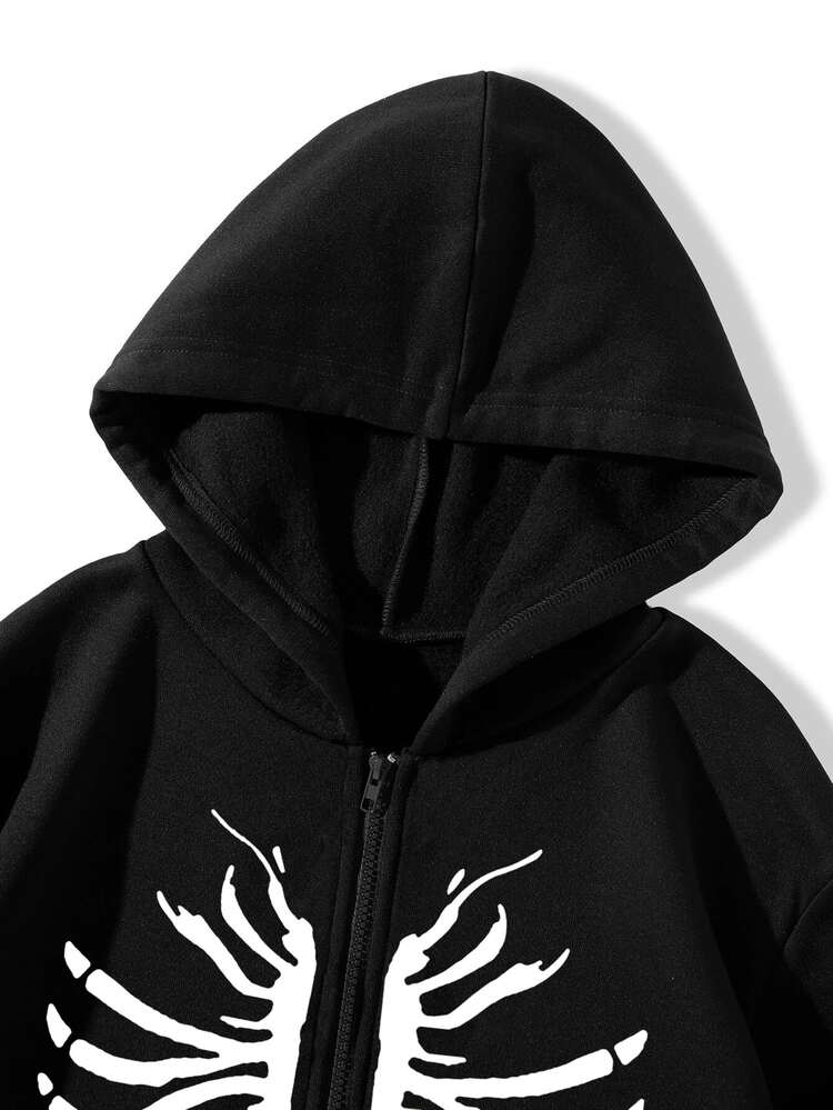 SHEIN Unity Áo hoodie ấm áp In Bộ xương Dây kéo - màu đen - Xem 4