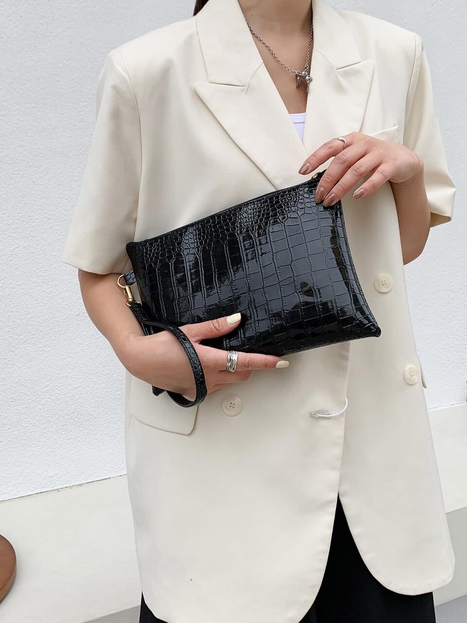 Minimalist Crocodile Embossed Clutch Bag, Animal Print Women Bag