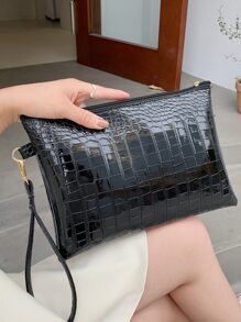 Minimalist Crocodile Embossed Clutch Bag, Animal Print Women Bag - Black - View 6