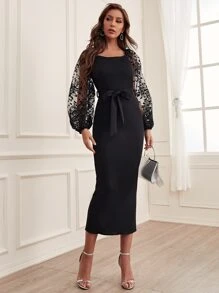 Modelyn Đầm Thắt lưng Tương phản Mesh Chia màu trơn Thanh lịch - màu đen - Xem 5