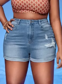 SHEIN SXY Plus Rolled Hem Ripped Denim Shorts - Light Wash - View 1