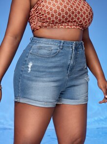 SHEIN SXY Plus Rolled Hem Ripped Denim Shorts - Light Wash - View 5