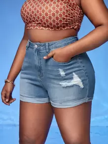 SHEIN SXY Plus Rolled Hem Ripped Denim Shorts - Light Wash - View 3