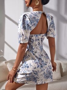 Floral Print Puff Sleeve Bow Front Backless Dress - Multicolor - View 2