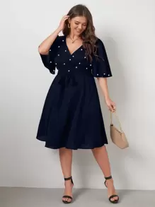 SHEIN LUNE Plus Pearls Beaded Surplice Neck Belted Dress - Navy Blue - View 1