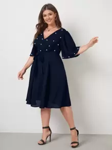 SHEIN LUNE Plus Pearls Beaded Surplice Neck Belted Dress - Navy Blue - View 3