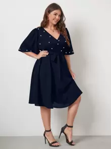 SHEIN LUNE Plus Pearls Beaded Surplice Neck Belted Dress - Navy Blue - View 4
