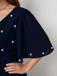 SHEIN LUNE Plus Pearls Beaded Surplice Neck Belted Dress - Navy Blue - View 5