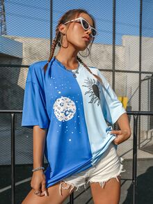 SHEIN Unity Camiseta larga de hombros caídos de dos colores con estampado de sol y luna - Multicolor - Ver 4