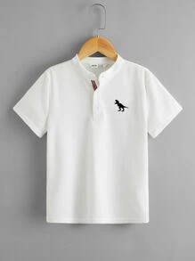 SHEIN Young Boy Simple Fashion Dinosaur Print Polo Shirt, Stand Collar - White - View 1