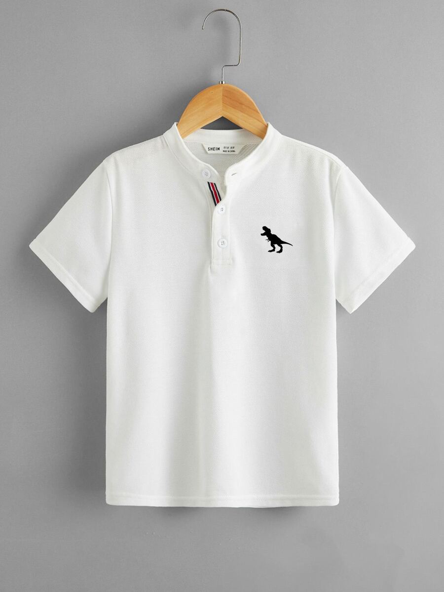 SHEIN Young Boy Simple Fashion Dinosaur Print Polo Shirt, Stand Collar - White - View 1