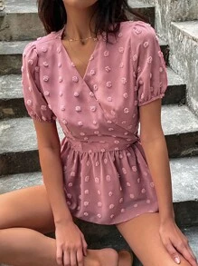 SHEIN LUNE Áo sơ mi nữ Thắt nút POM Pom Viên lá sen Trọn gói màu trơn Giải trí - Bụi hồng - Xem 1