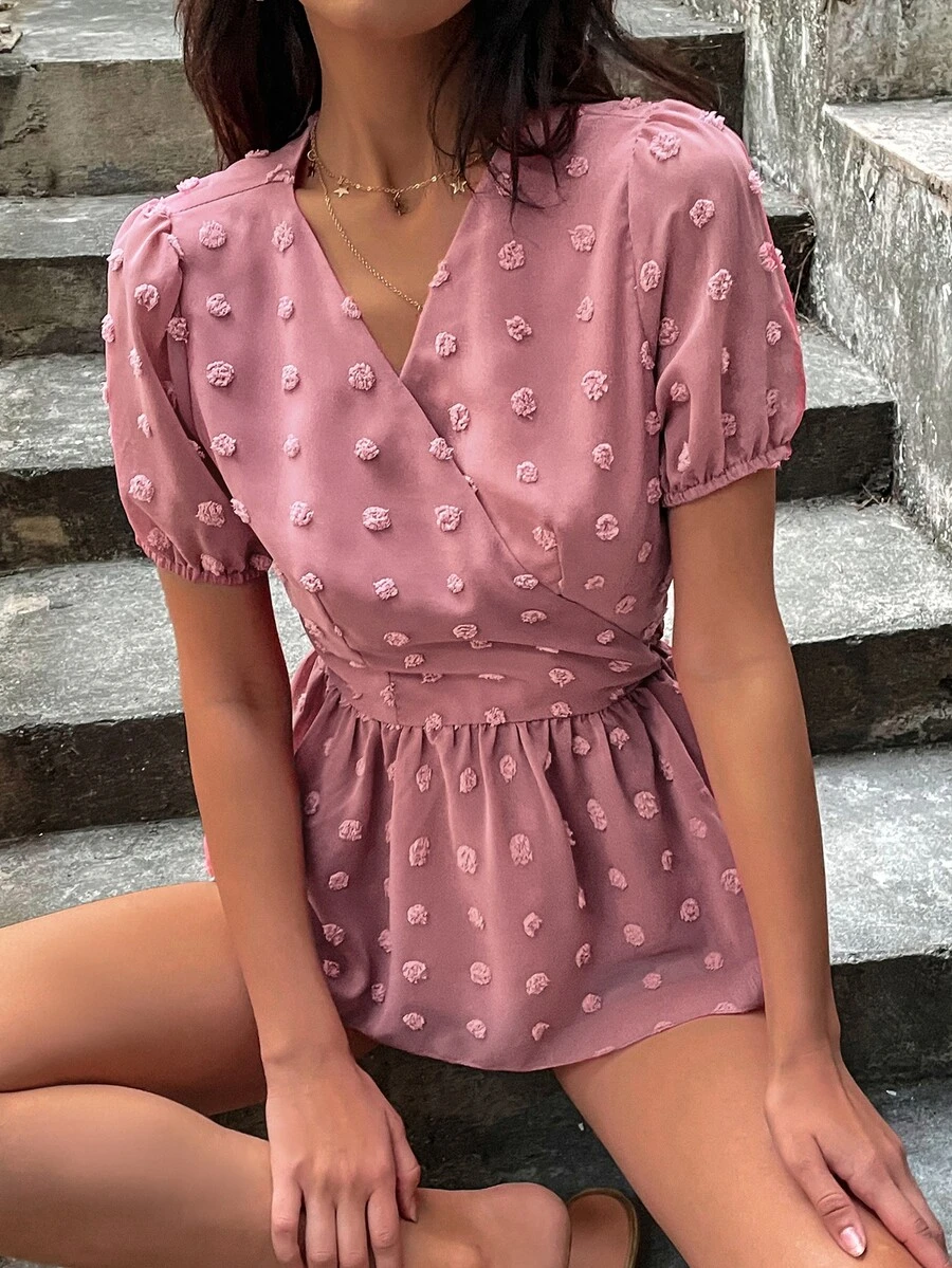 SHEIN LUNE Áo sơ mi nữ Thắt nút POM Pom Viên lá sen Trọn gói màu trơn Giải trí - Bụi hồng - Xem 1