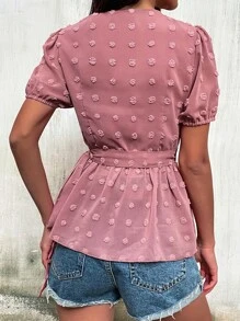 SHEIN LUNE Áo sơ mi nữ Thắt nút POM Pom Viên lá sen Trọn gói màu trơn Giải trí - Bụi hồng - Xem 2