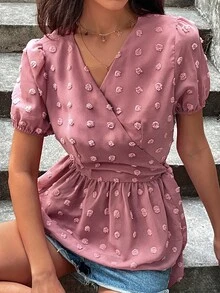 SHEIN LUNE Áo sơ mi nữ Thắt nút POM Pom Viên lá sen Trọn gói màu trơn Giải trí - Bụi hồng - Xem 3