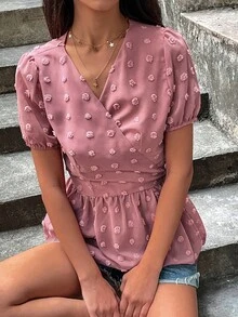 SHEIN LUNE Áo sơ mi nữ Thắt nút POM Pom Viên lá sen Trọn gói màu trơn Giải trí - Bụi hồng - Xem 4