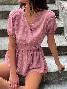 SHEIN LUNE Áo sơ mi nữ Thắt nút POM Pom Viên lá sen Trọn gói màu trơn Giải trí - Bụi hồng - Xem 5