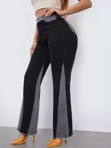 SHEIN 毛邊高腰喇叭牛仔褲 - 黑色 - 查看 1