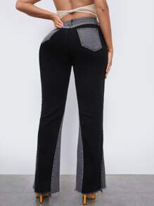 SHEIN 毛邊高腰喇叭牛仔褲 - 黑色 - 查看 2