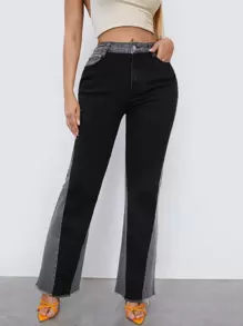 SHEIN 毛邊高腰喇叭牛仔褲 - 黑色 - 查看 3