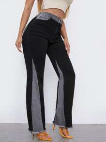 SHEIN 毛邊高腰喇叭牛仔褲 - 黑色 - 查看 4