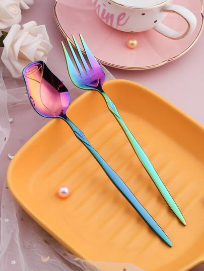 Valentine's Day Creative Colorful Rose Heart Shaped Spoon And Fork Set Of 2, Can Be Used For Desserts, Ice Cream, Fruits, Cakes, Stirring
