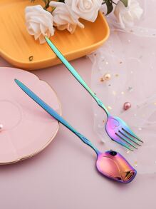 情人節創意七彩玫瑰心型湯匙叉子2件套，可用於甜點、冰淇淋、水果、蛋糕、攪拌 - 彩色 - 查看 2