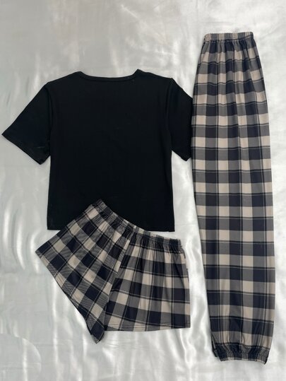 SHEIN 1 Slogan Graphic Tee & 1 Gingham Print Pants & 1 Shorts PJ Set / Pajama Set