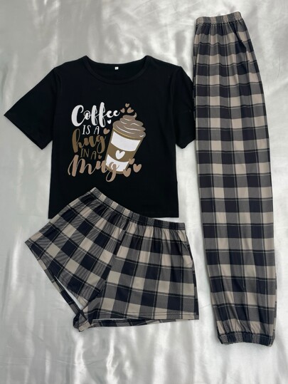 SHEIN 1 Slogan Graphic Tee & 1 Gingham Print Pants & 1 Shorts PJ Set / Pajama Set