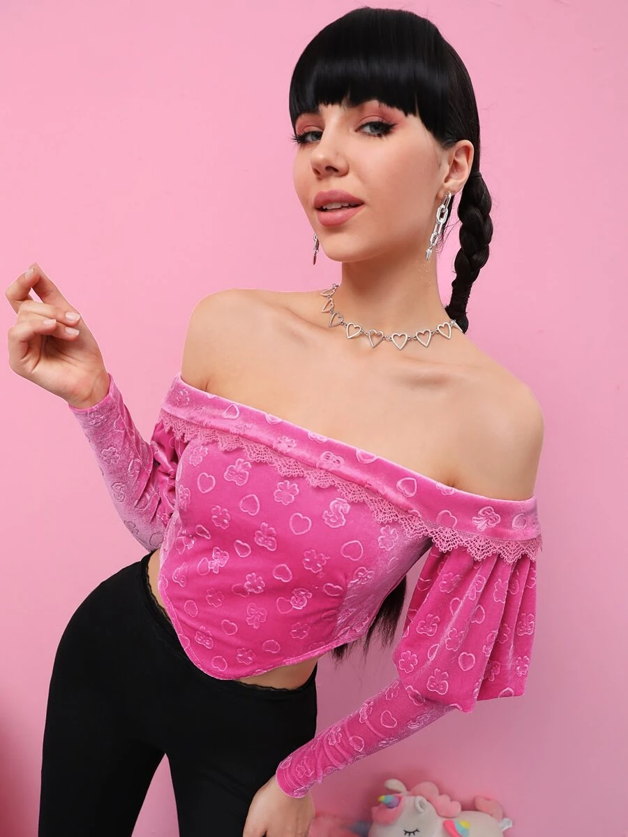 SHEIN Unity Cartoon Pattern Gigot Sleeve Lace Trim Velvet Bardot Top - Pink - View 1