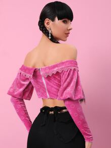 SHEIN Unity Cartoon Pattern Gigot Sleeve Lace Trim Velvet Bardot Top - Pink - View 2