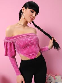 SHEIN Unity Cartoon Pattern Gigot Sleeve Lace Trim Velvet Bardot Top - Pink - View 3