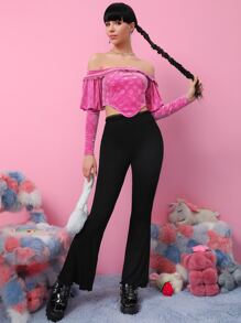 SHEIN Unity Cartoon Pattern Gigot Sleeve Lace Trim Velvet Bardot Top - Pink - View 4