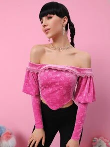 SHEIN Unity Cartoon Pattern Gigot Sleeve Lace Trim Velvet Bardot Top - Pink - View 5
