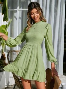 Simplee Frill Trim Knot Cuff Ruffle Hem Dress - Lime Green - View 3