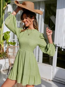 Simplee Frill Trim Knot Cuff Ruffle Hem Dress - Lime Green - View 4