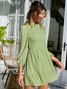 Simplee Frill Trim Knot Cuff Ruffle Hem Dress - Lime Green - View 5