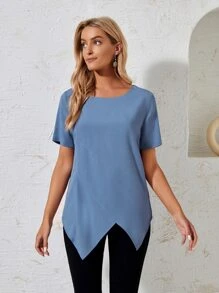 EMERY ROSE 素色不對稱下擺襯衫 - 霧霾藍 - 查看 1