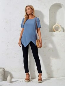 EMERY ROSE 素色不對稱下擺襯衫 - 霧霾藍 - 查看 3