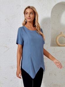 EMERY ROSE 素色不對稱下擺襯衫 - 霧霾藍 - 查看 4