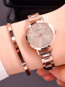 1入組極簡風格圓形指針石英手錶和1入組手環 - 玫瑰金 - 查看 1
