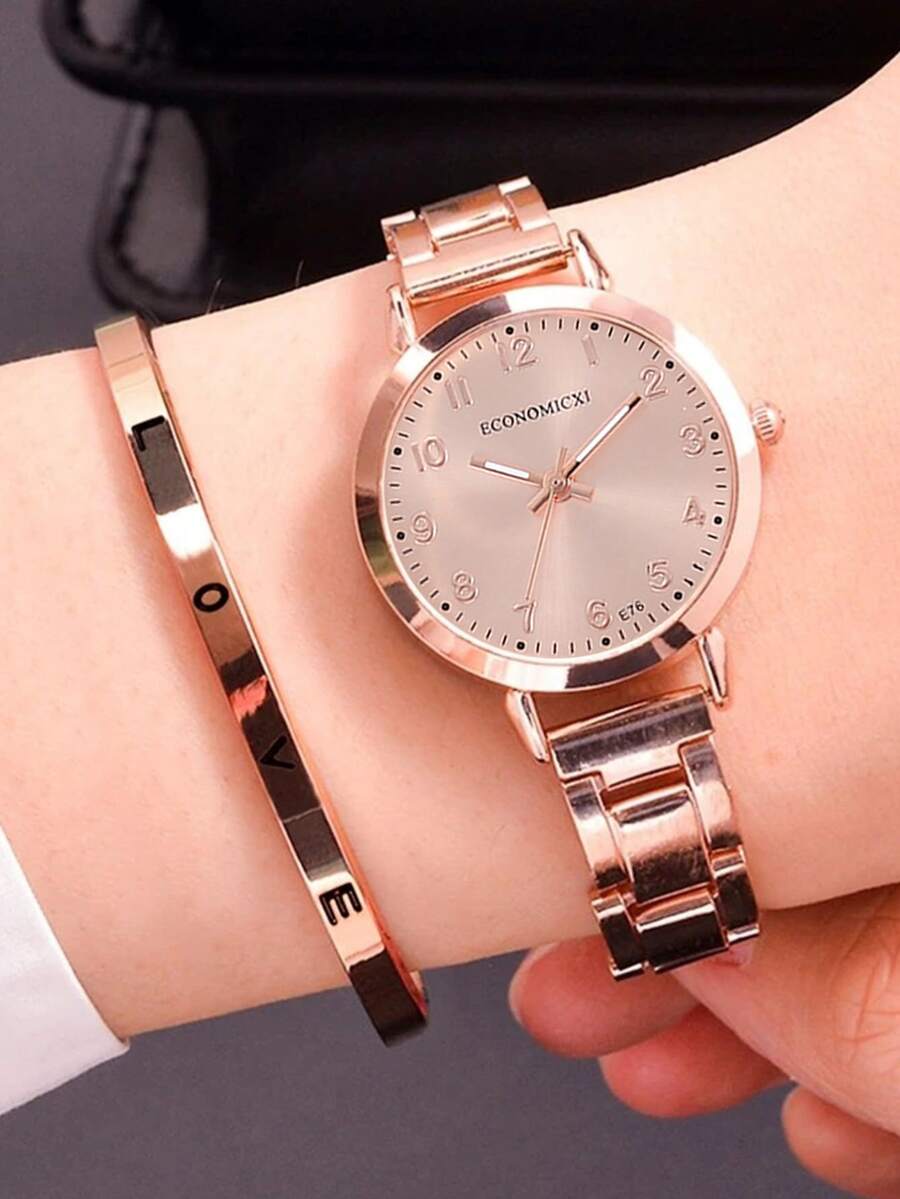 1入組極簡風格圓形指針石英手錶和1入組手環 - 玫瑰金 - 查看 1