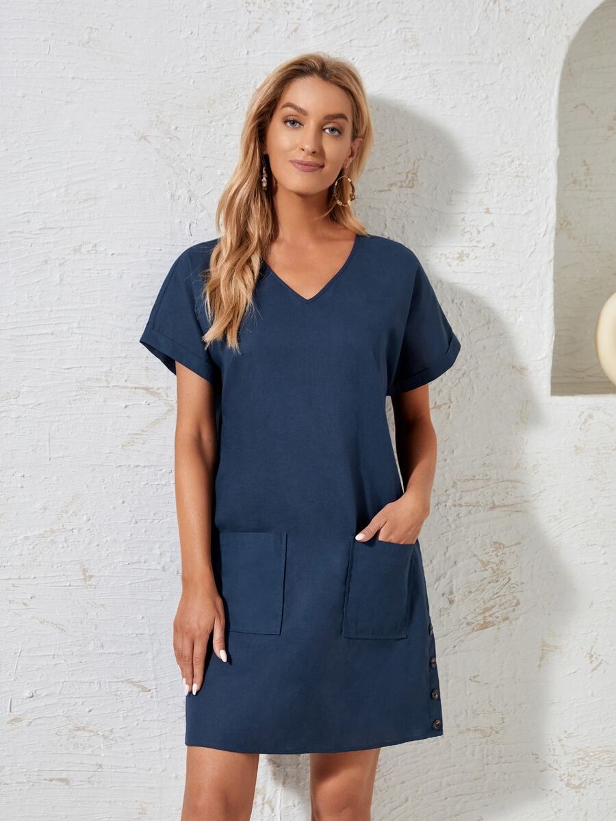 Vestido de manga doblada con parche de bolsillo - Azul Marino - Ver 1