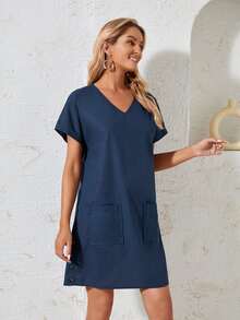 Vestido de manga doblada con parche de bolsillo - Azul Marino - Ver 3