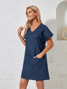 Vestido de manga doblada con parche de bolsillo - Azul Marino - Ver 4