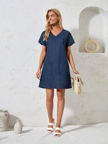Vestido de manga doblada con parche de bolsillo - Azul Marino - Ver 5