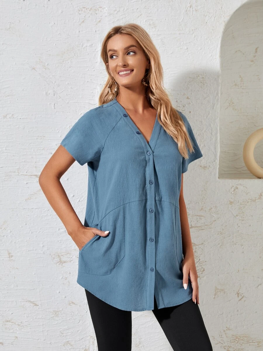 EMERY ROSE Áo sơ mi nữ Túi Nút phía trước màu trơn Giải trí - Màu xanh bụi bặm - Xem 1